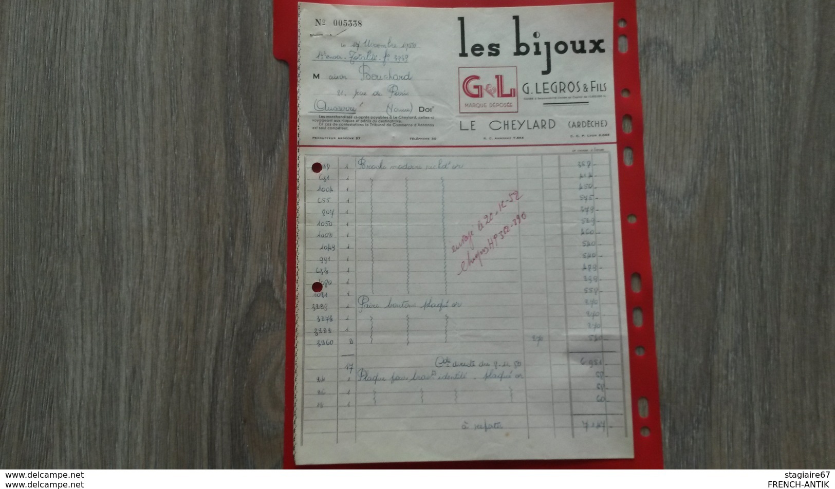 FACTURE LES BIJOUX G.LEGROS ET FILS LE CHEYLARD ARDECHE  1952 - Altri & Non Classificati