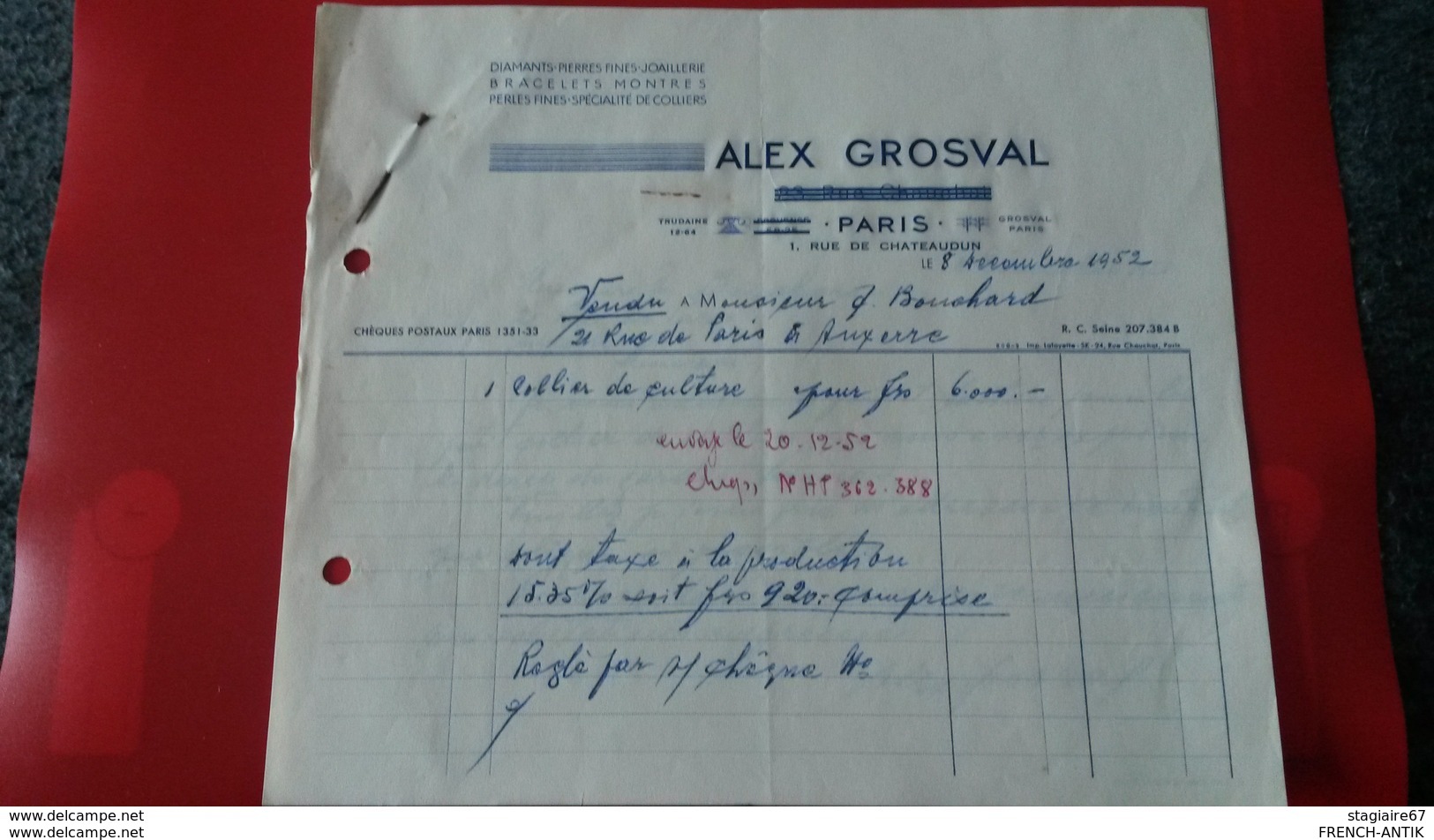 FACTURES DIAMENTS PIERRES FINES JOAILLERIE ALEX GROSVAL PARIS 1952 - Sonstige & Ohne Zuordnung