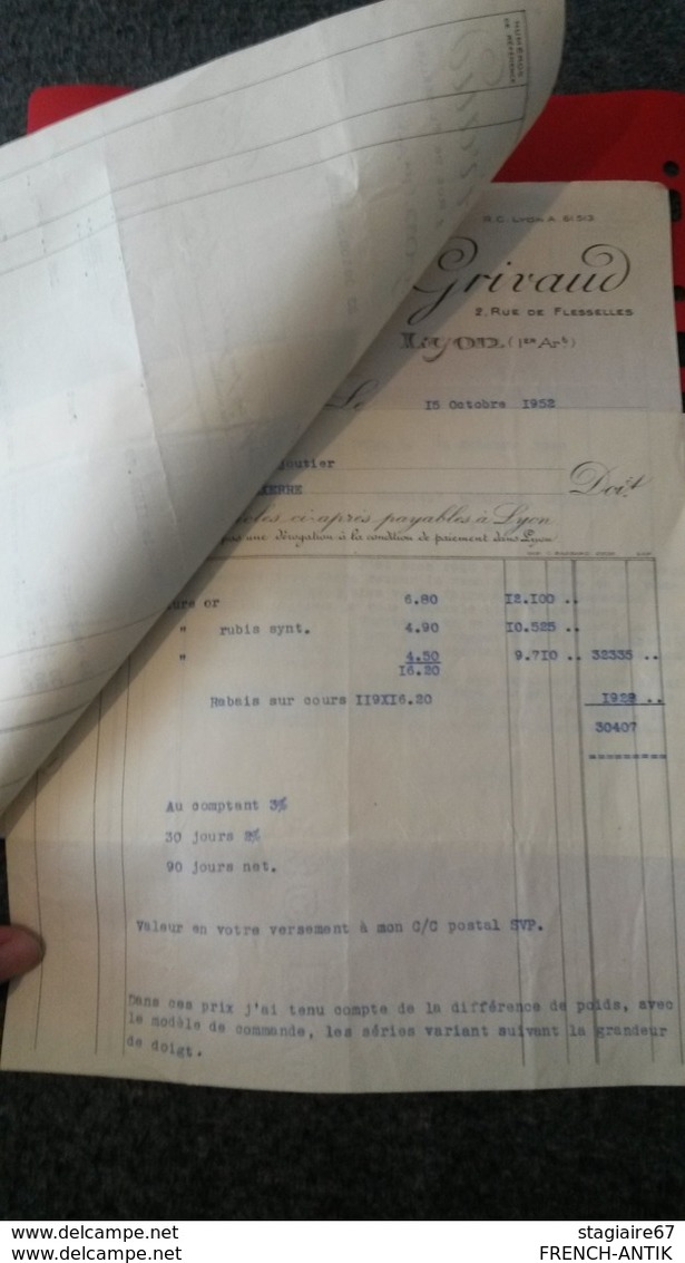 ENSEMBLE FACTURES FABRIQUE DE BIJOUTERIE JOALLERIE C. GRIVAUD LYON 1952 - Altri & Non Classificati