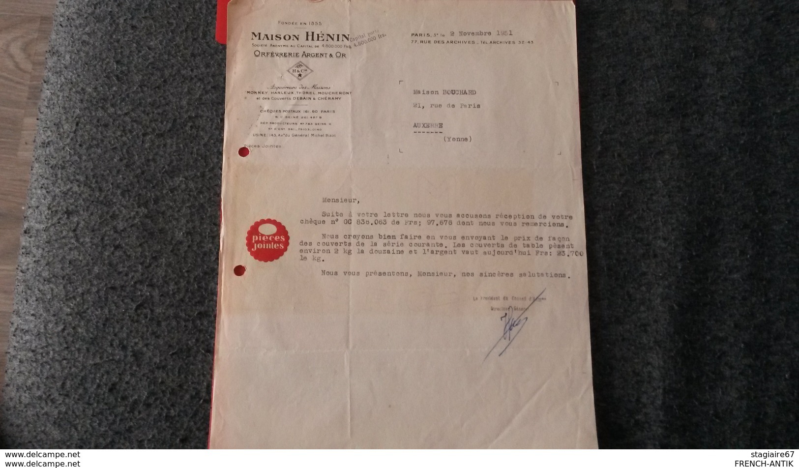 FACTURE ORFEVRERIE ARGENT ET OR MAISON HENIN PARIS 1951 - Other & Unclassified