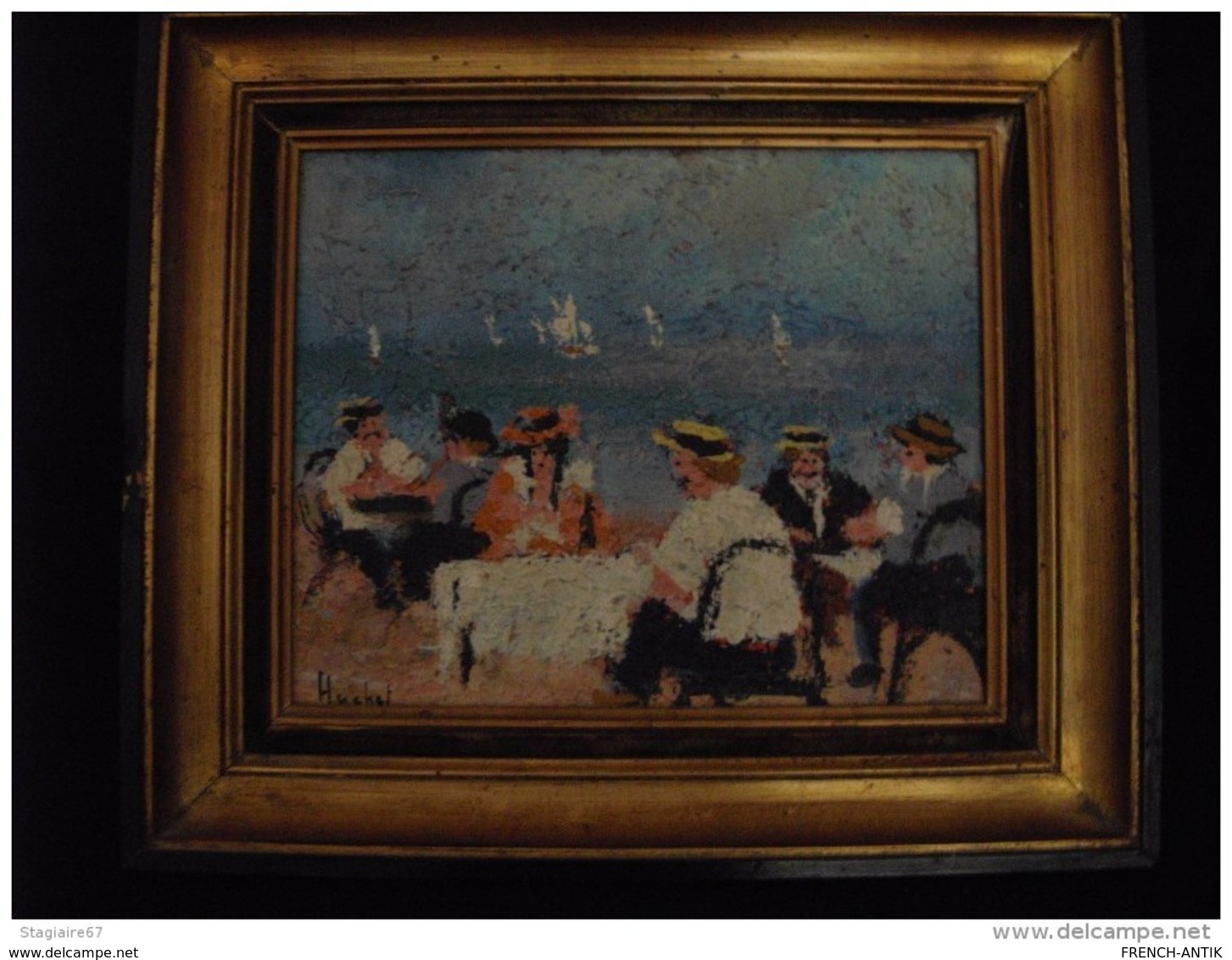 HUILE SUR TOILE URBAIN HUCHET 1930 LE DEJEUNER EN BORD DE MER - Oils