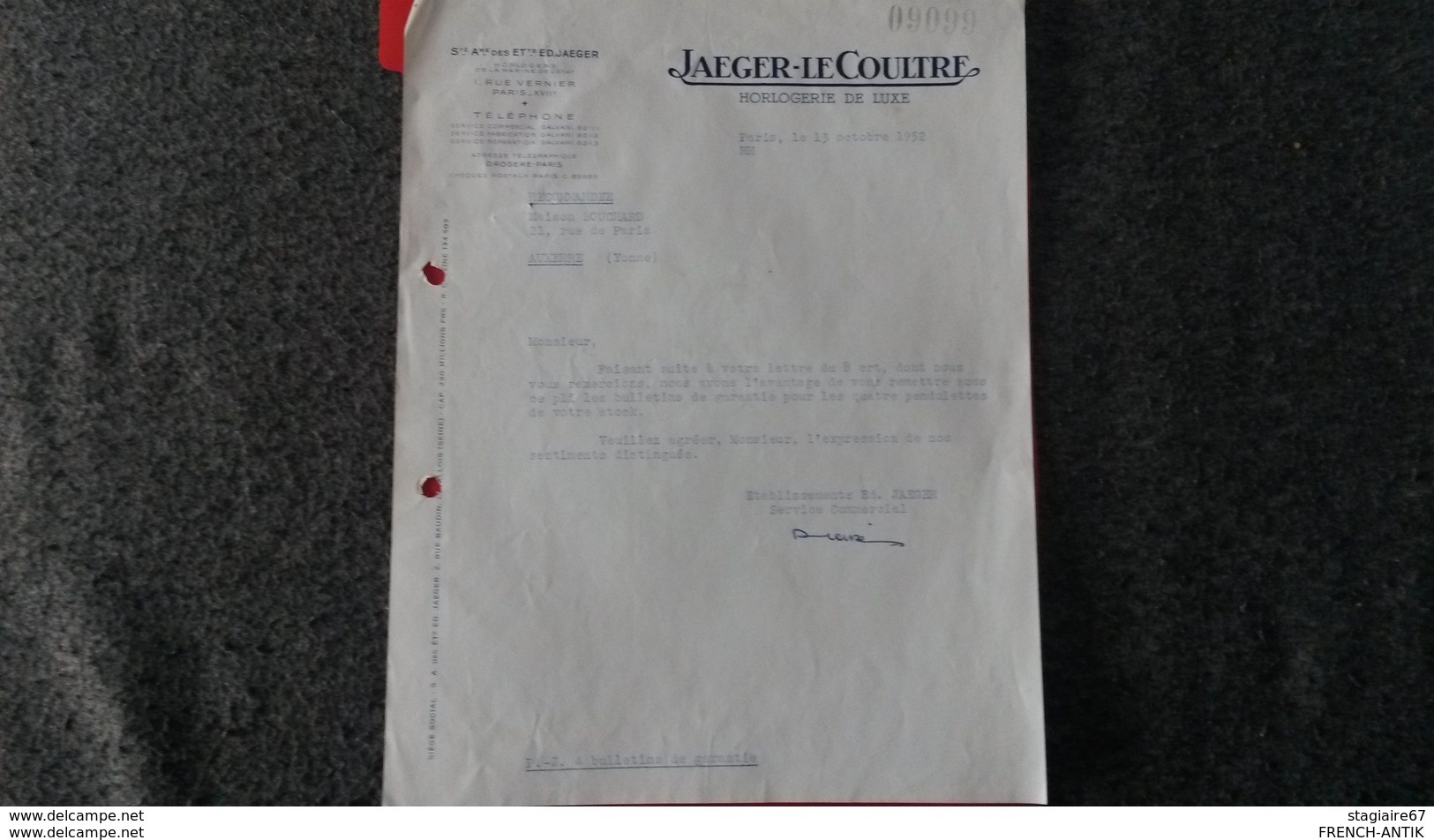 FACTURE HORLOGERIE DE LUXE JAEGER LECOULTRE PARIS 1952  PAPIER FILIGRAMME - Other & Unclassified