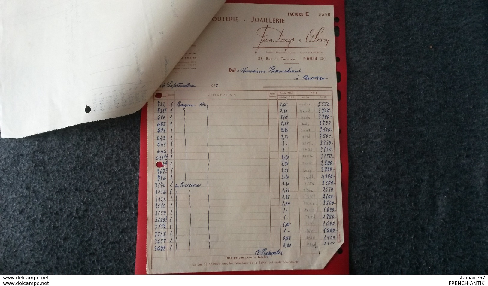 ENSEMBLE FACTURES FABRIQUE DE BIJOUTERIE  JOALLERIE JEAN DENYS ET LEROY 1952 - Sonstige & Ohne Zuordnung