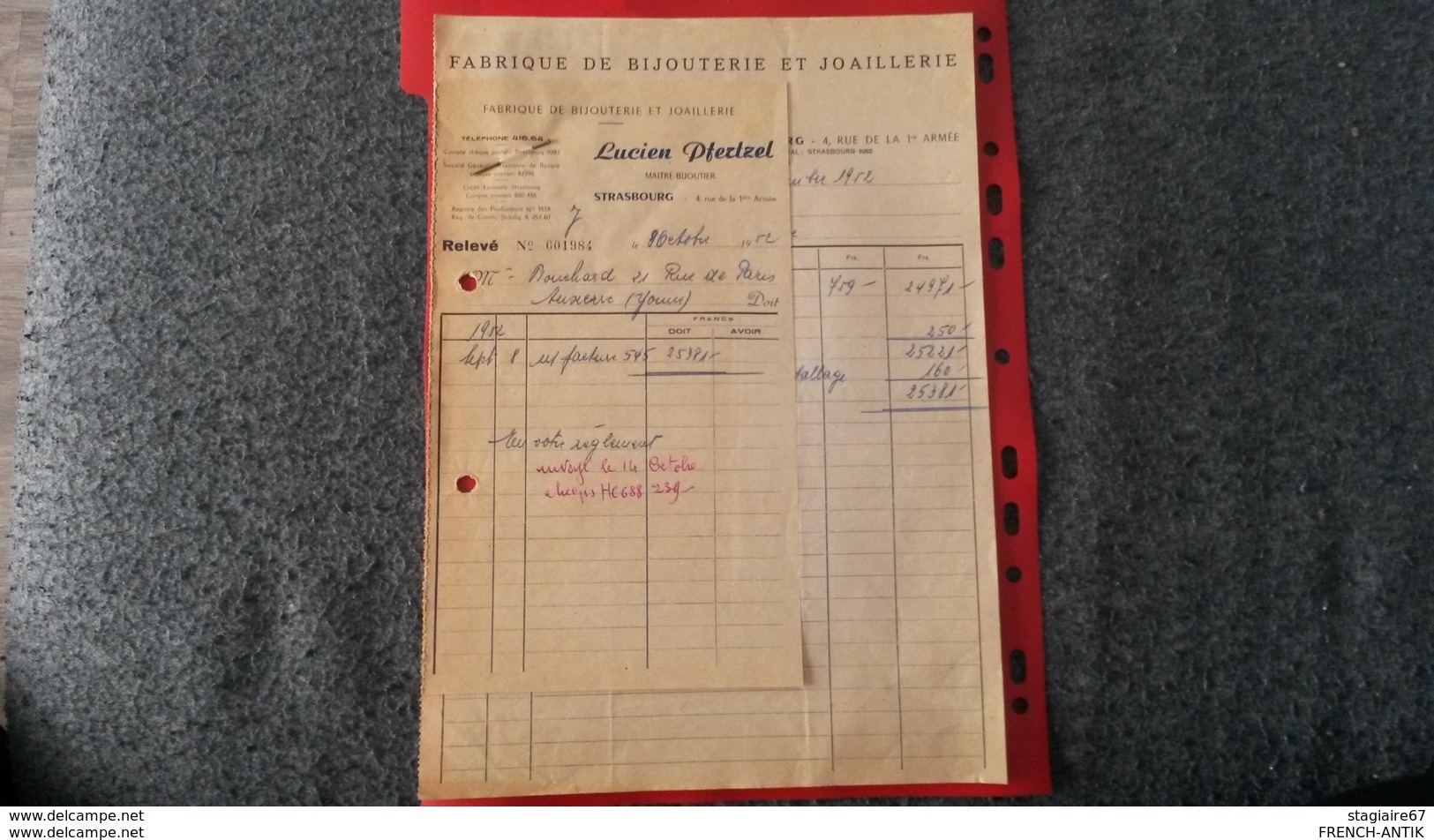 ENSEMBLE FACTURES FABRIQUE DE BIJOUTERIE ET JOAILLERIE LUCIEN PFERTZEL STRASBOURG 1952 - Other & Unclassified