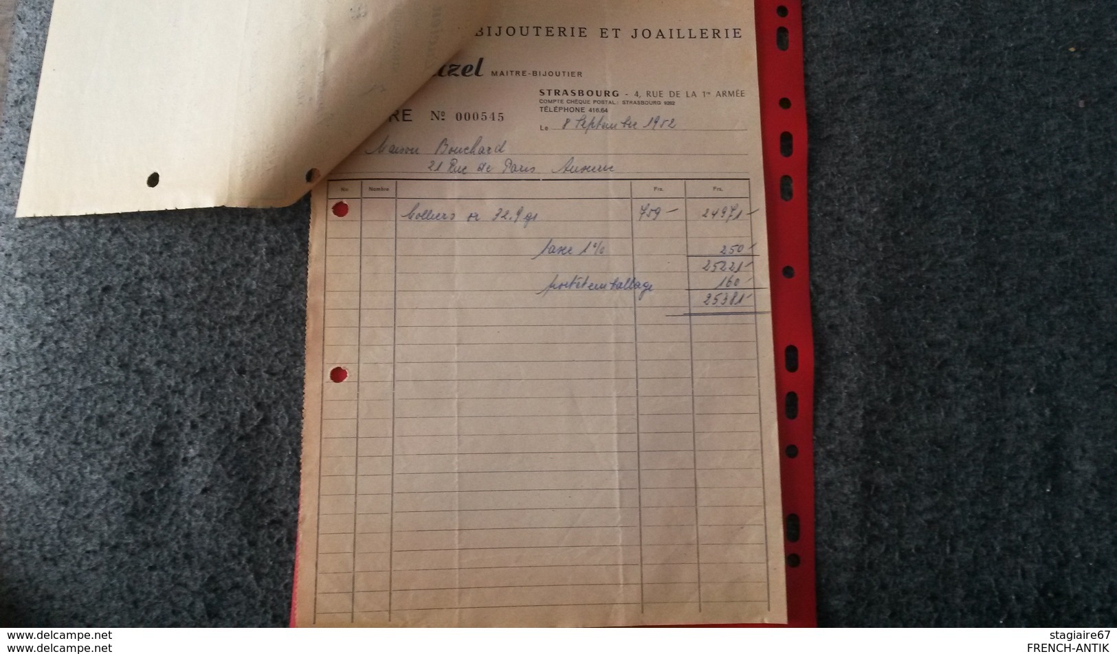 ENSEMBLE FACTURES FABRIQUE DE BIJOUTERIE ET JOAILLERIE LUCIEN PFERTZEL STRASBOURG 1952 - Other & Unclassified