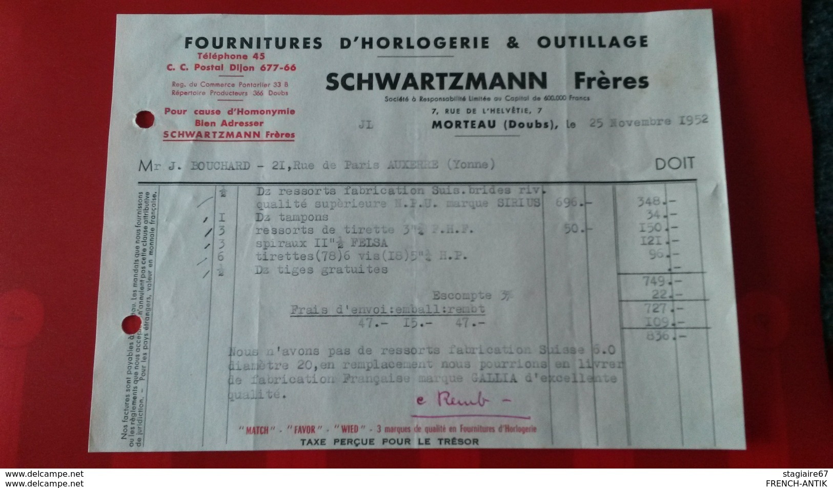 FACTURE FOURNITURES D HORLOGERIE ET OUTILLAGE SCHWARTZMANN FRERES MORTEAU DOUBS 1952 - Other & Unclassified