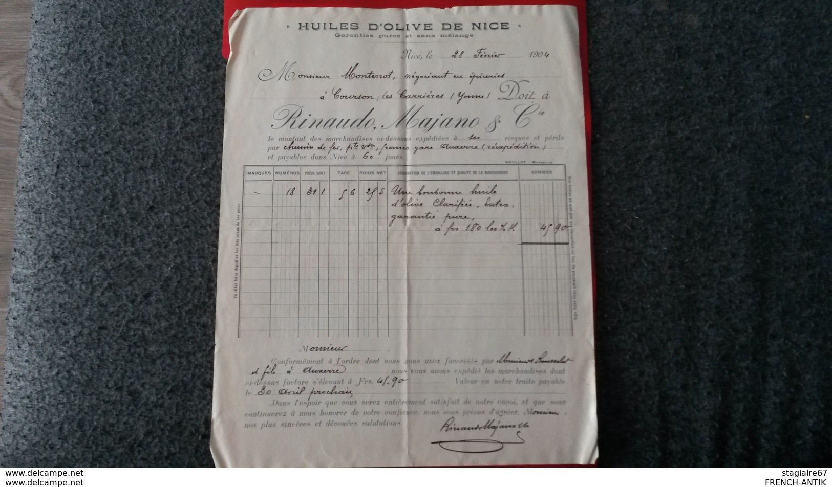 FACTURE HUILES D OLIVE DE NICE RINAUDO MAJANO ET CIE  1904 - Other & Unclassified