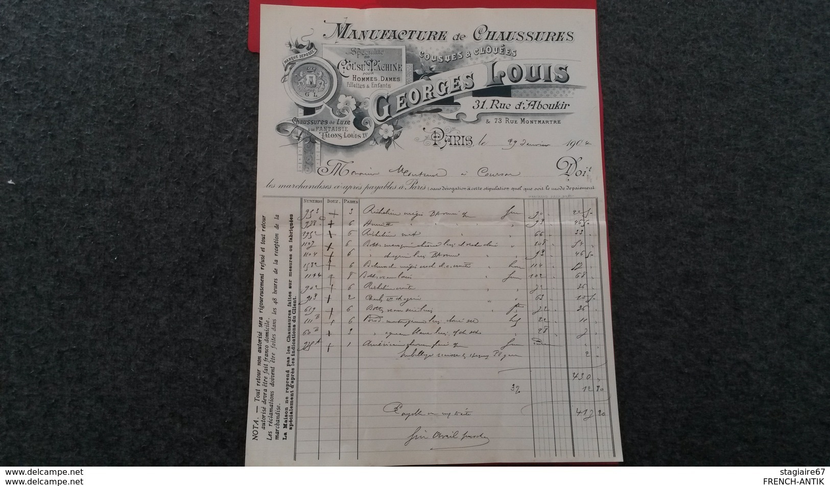 FACTURE MANUFACTURE DE CHAUSSURES COUSUES ET CLOUEES GEORGES LOUIS PARIS 1904 - Sonstige & Ohne Zuordnung