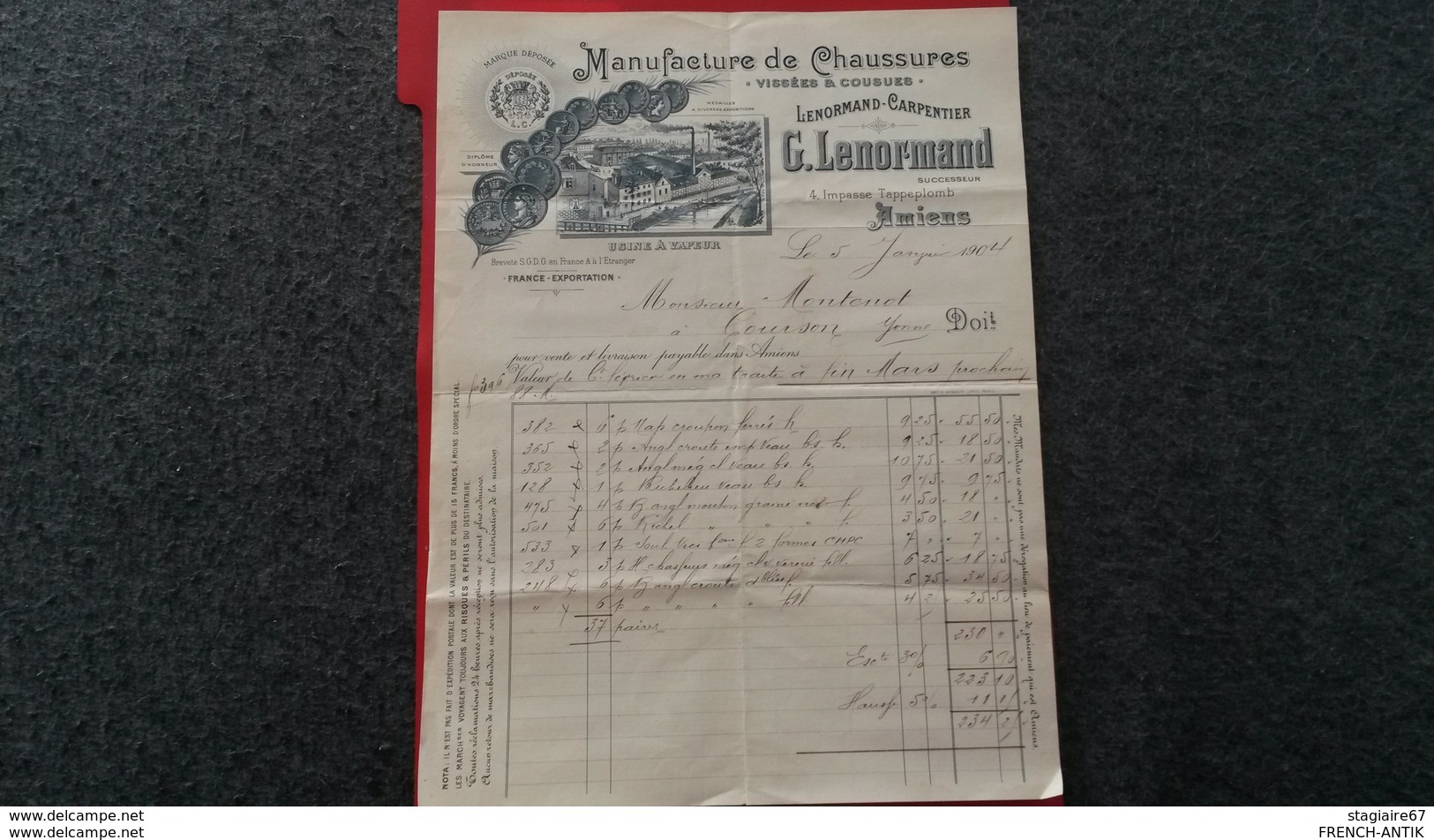 FACTURE MANUFACTURE DE CHAUSSURES VISSEES ET COUSUES LENORMAND CARPENTIER AMIENS 1904 - Sonstige & Ohne Zuordnung