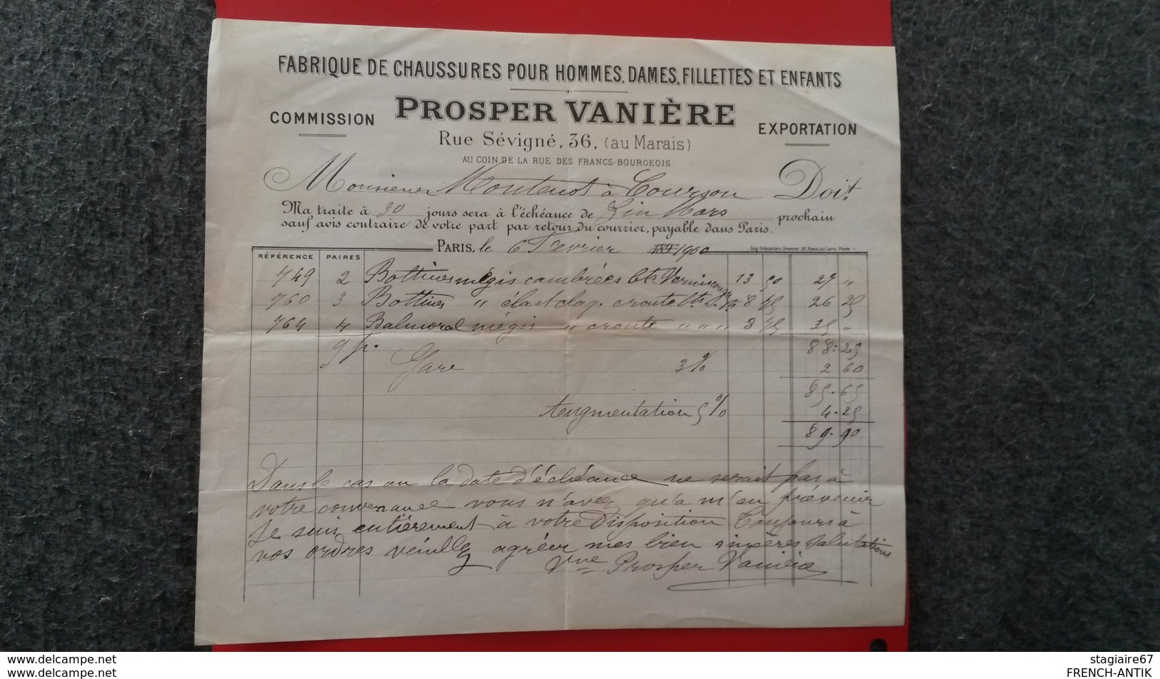 FACTURE FABRIQUE DE CHAUSSURES PROSPER VANIERE PARIS 1900 - Autres & Non Classés