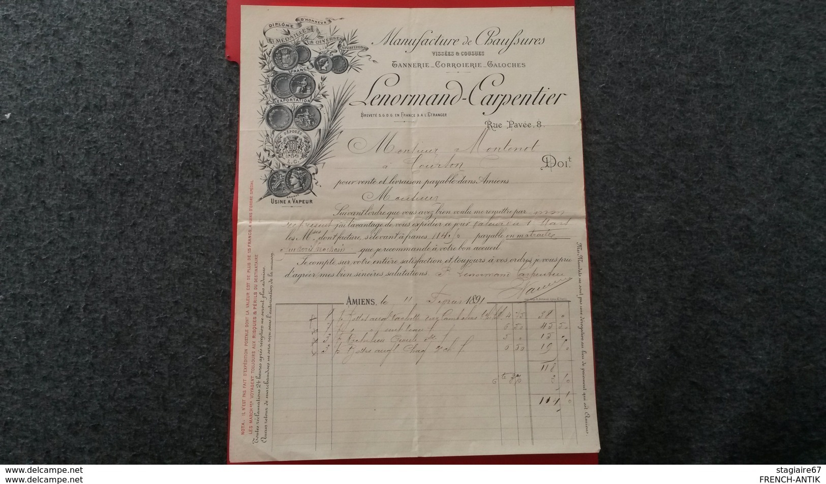 FACTURE MANUFACTURE DE CHAUFSURES LENORMAND CARPENTIER AMIENS 1891 - Andere & Zonder Classificatie