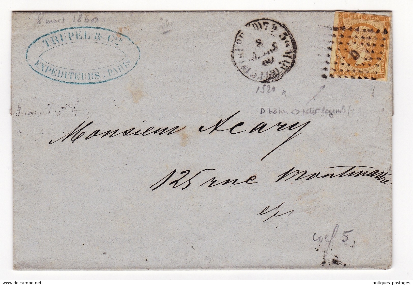 Messageries Allemandes 1860 Trupel & Cie Paris 78 Rue Du Marais Allemagne Russie Moldavie Valachie - 1853-1860 Napoléon III