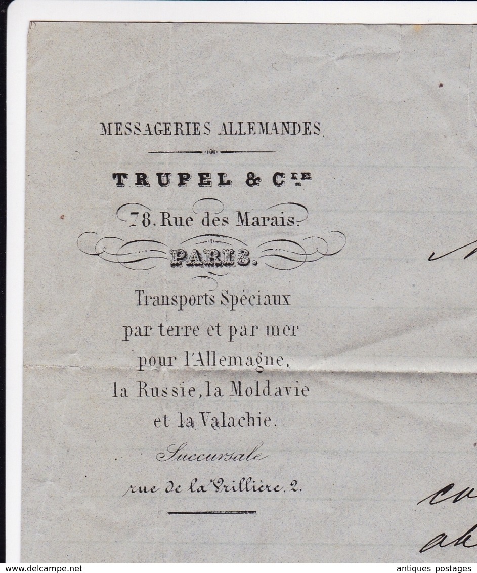 Messageries Allemandes 1860 Trupel & Cie Paris 78 rue du Marais Allemagne Russie Moldavie Valachie