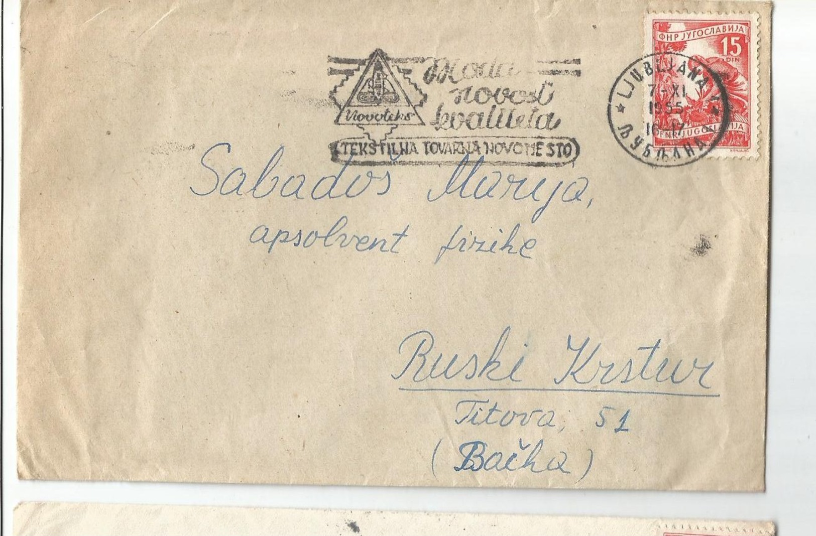 Slovenia Novo Mesto Flam NOVOTEKS TEKSTILNA TOVARNA NOVO MESTO 1955 - Lettres & Documents