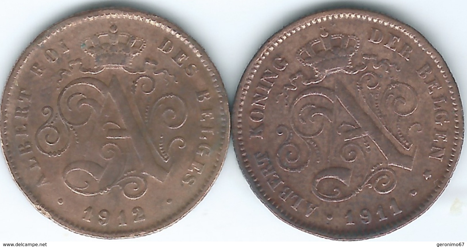 Belgium - Albert I - 2 Centimes - 1912 - French (KM64) & 1911 - Dutch (KM65) - 2 Cents