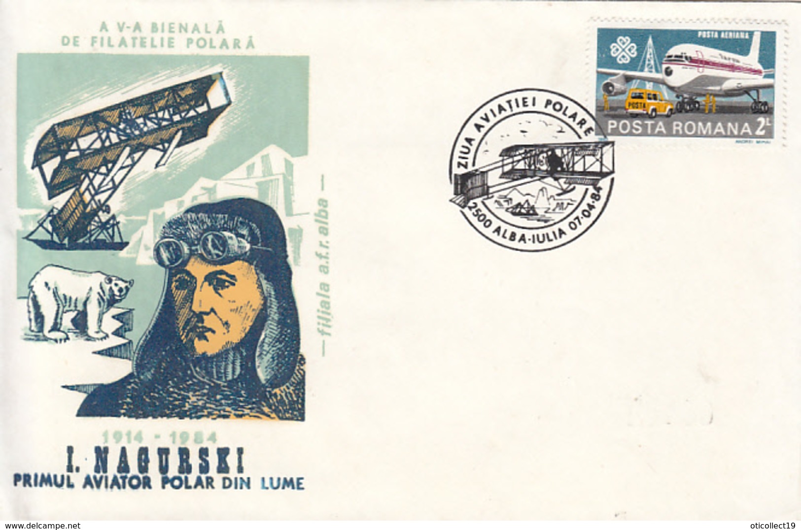 POLAR FLIGHTS, I. NAGURSKI, FIRST POLAR FLIGHT, PILOT, POLAR BEAR, SPECIAL COVER, 1984, ROMANIA - Polar Flights