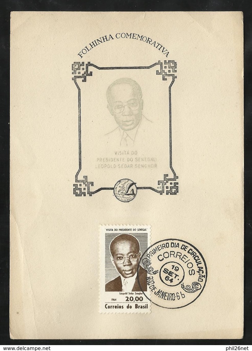 FDC Brésil Premier Jour Feuillet Et Cachet Illustrés Rio De Janeiro (DF) 19/09/1964 N°762 Léopold Sedar Senghor  B/TB - Blokken & Velletjes