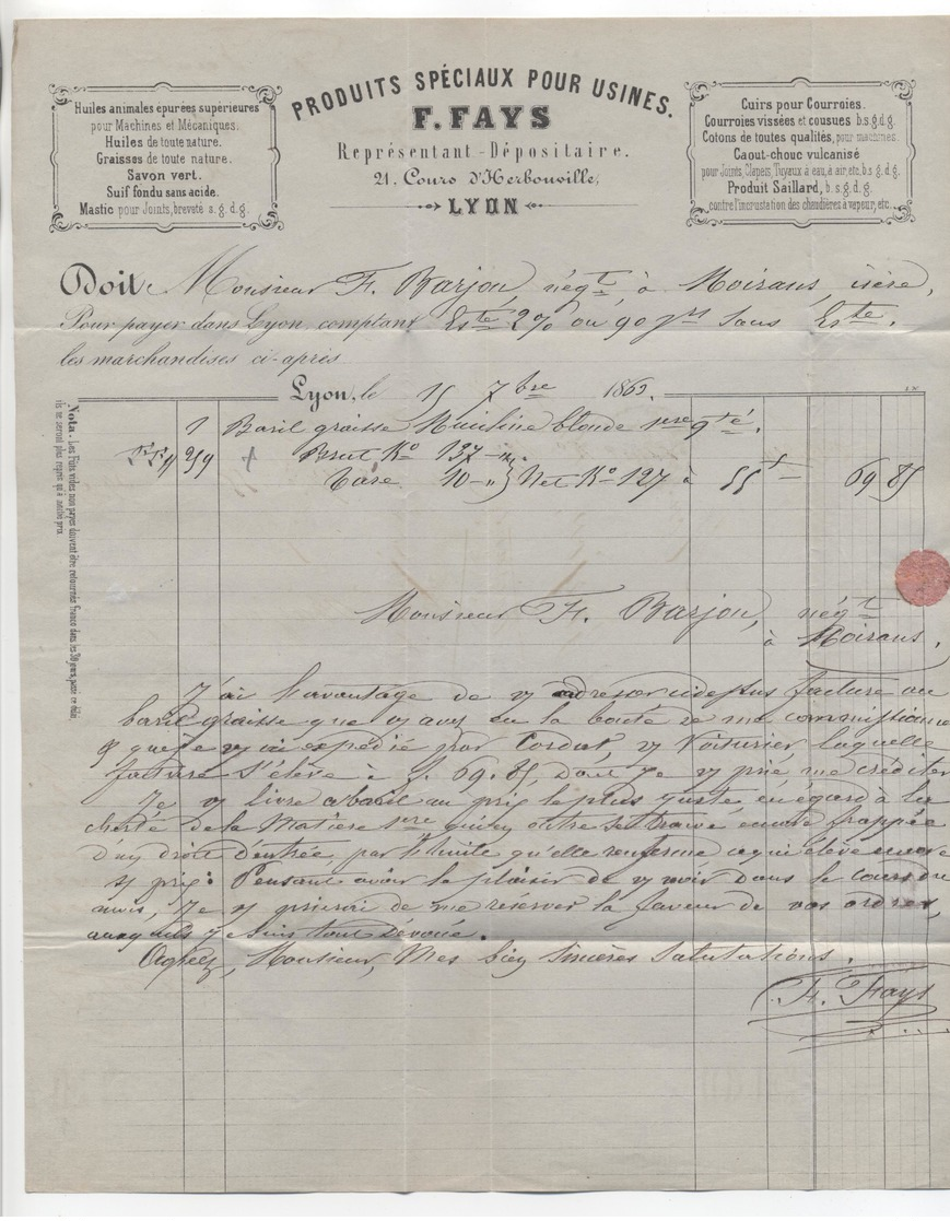 Ambulant Lyon à Paris 2° 1863 Losange LP 2° 1863  22 Napoléon Tarif 20c  Pour Moirans Facture Graisse F Fays - Poste Ferroviaire