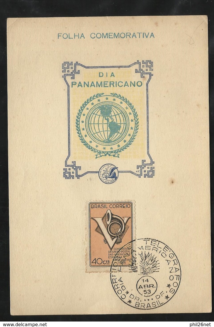 FDC Brésil Feuillet Commémoratif Et Cachet IllustrésnJournée Des Amériques  Rio De Janeiro (DF) 14/04/1953  N°442  B/TB - Lettres & Documents