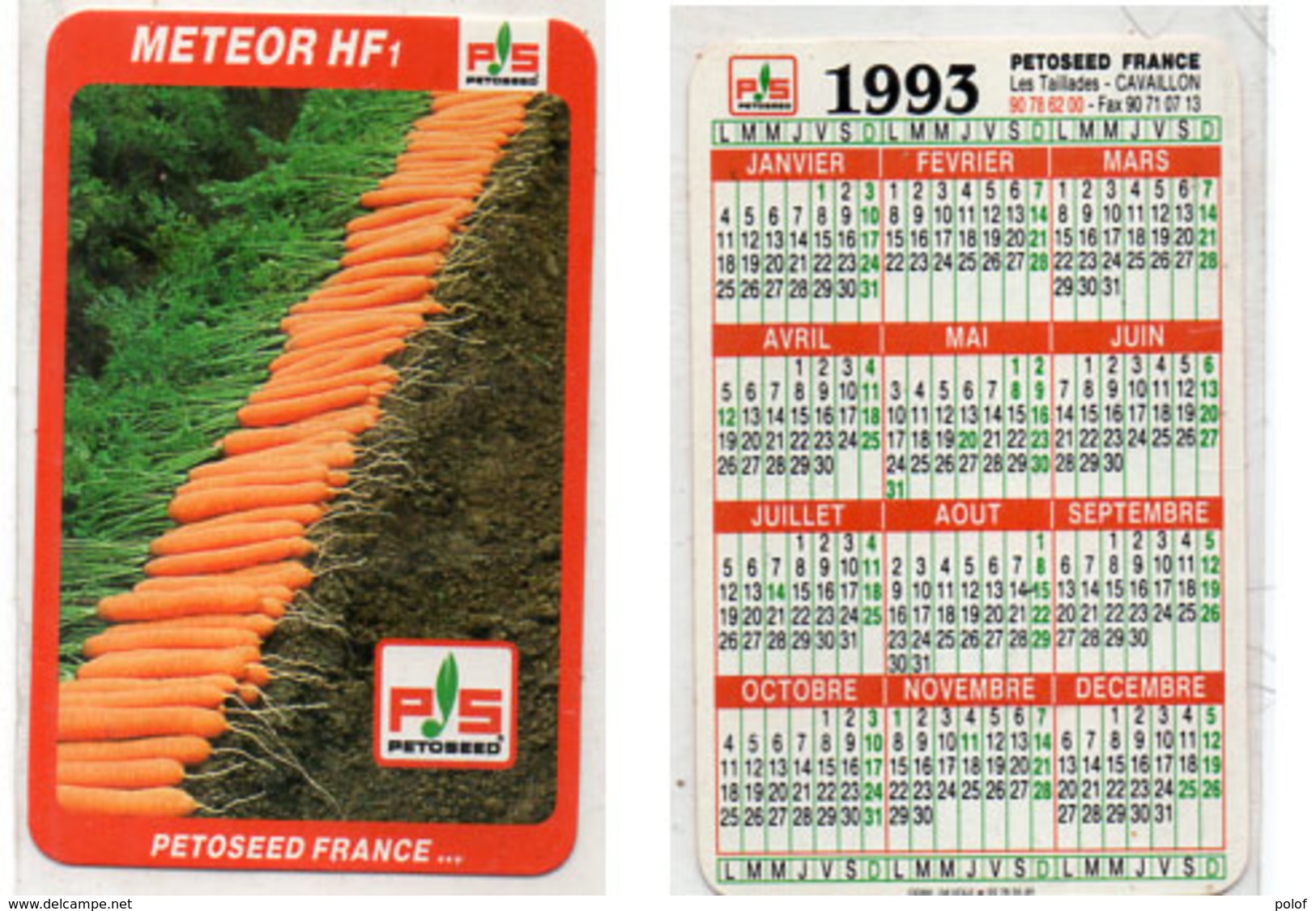 Calendrier 1993 - Météor HF 1 - P.S. Petoseed France - Les Taillades - Cavaillon (Vse)  (112717) - Petit Format : 1991-00