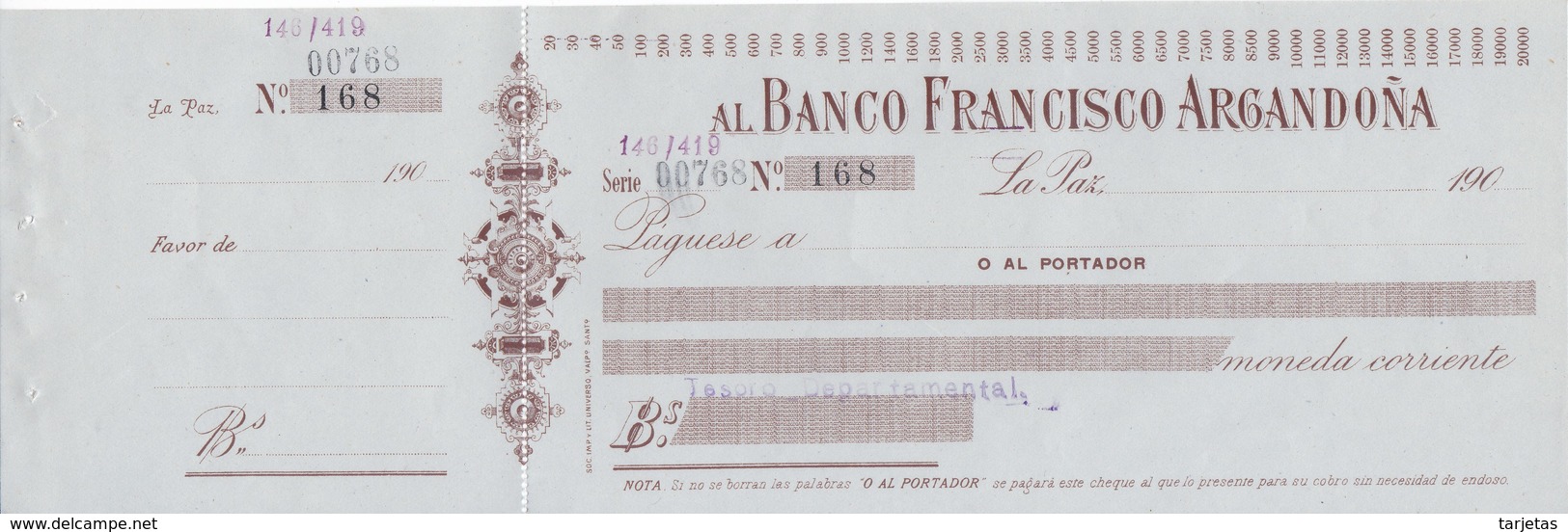 TALON - BILLETE DE BOLIVIA DEL BANCO FRANCISCO ARGANDOÑA  DEL AÑO 190_ (MUY RARO) - Bolivia