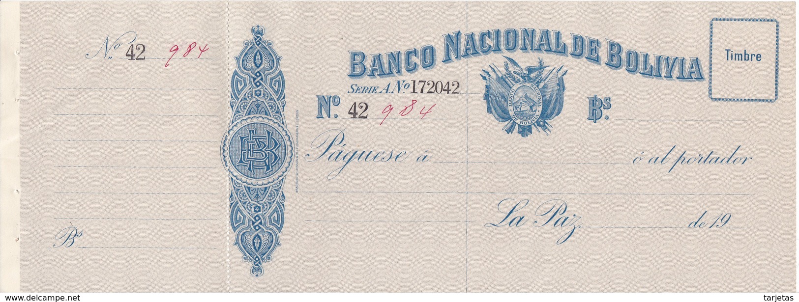 TALON - BILLETE DE BOLIVIA DEL BANCO DE LA NACION DE BOLIVIA NUMERADO (MUY RARO) - Bolivië