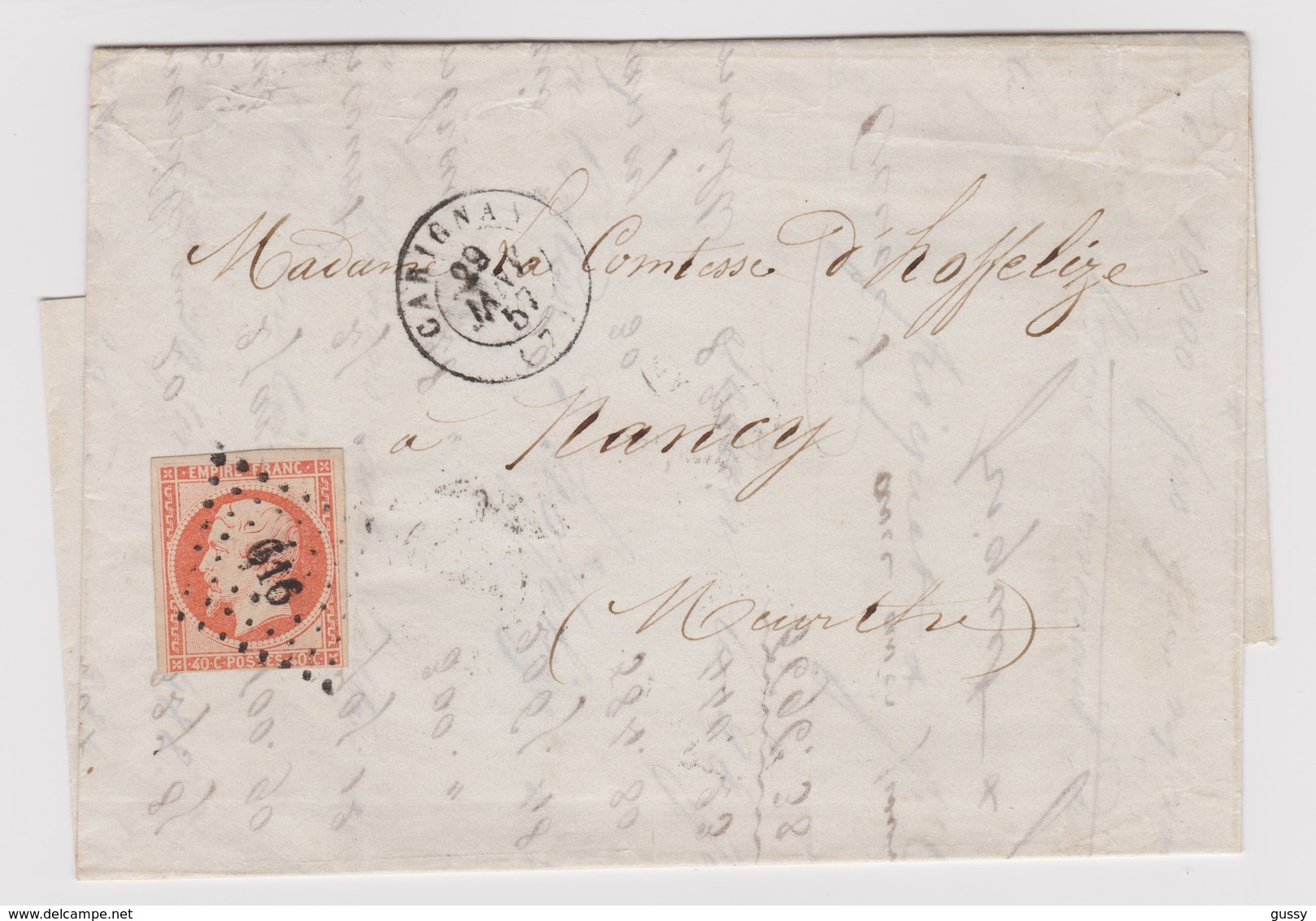 FRANCE 1853: Le 40c. ND Sur Lettre De Carignan Pour Nancy, Oblitération PC 616 - 1853-1860 Napoléon III