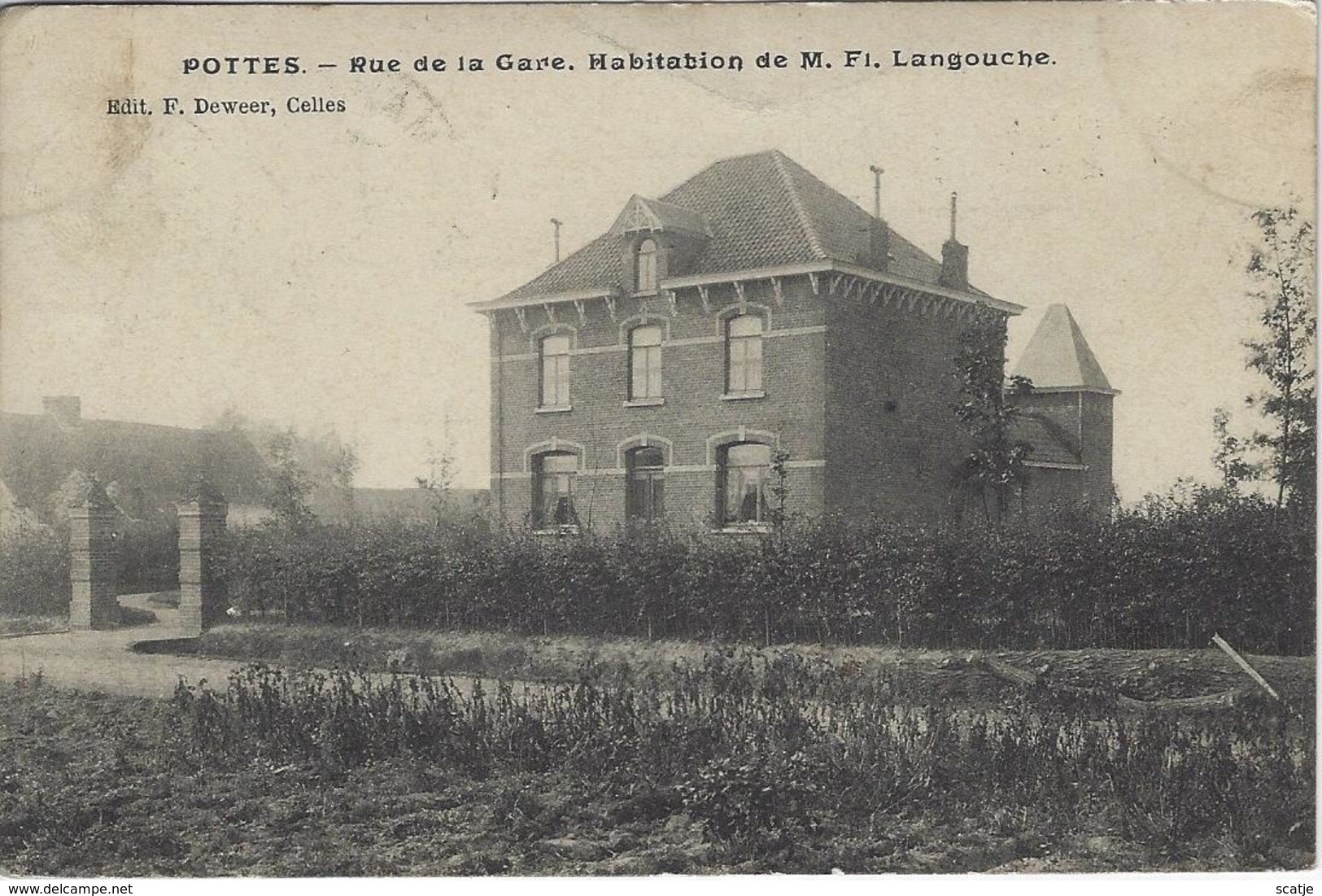 Pottes.   -   Rue De La Gare.   Habitation De M. F. Langouche.    Prachtige Kaart!   -  1908  Naar   Jemappes - Celles