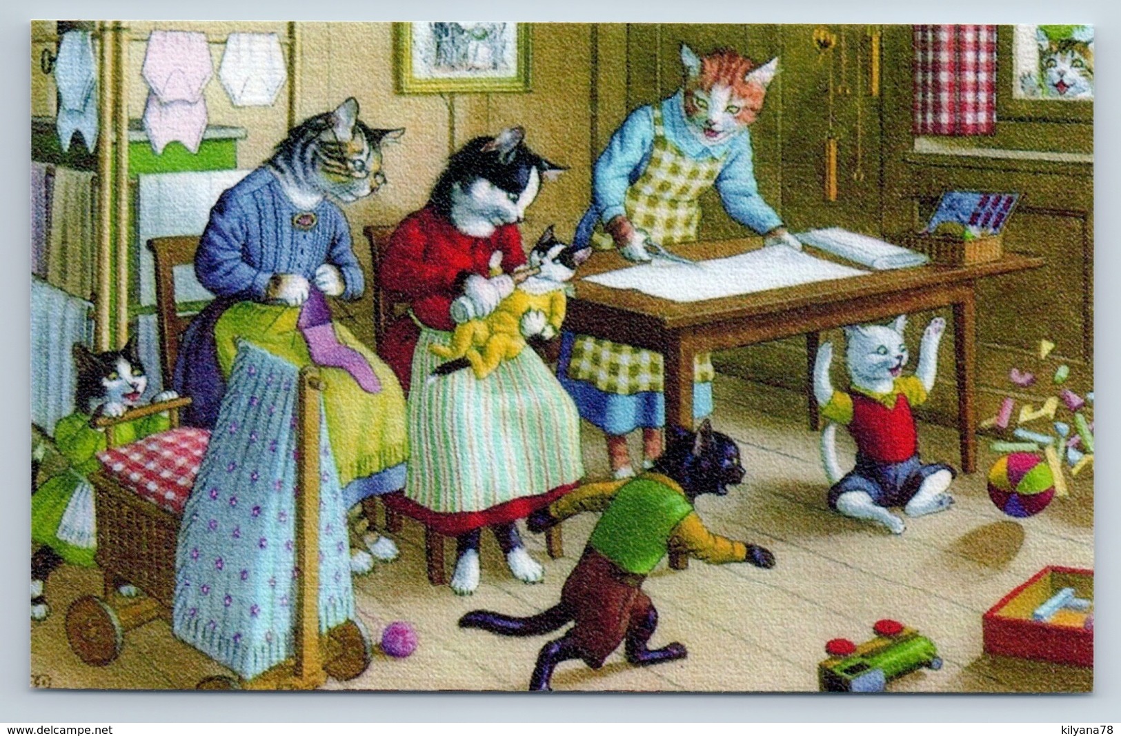 FAMILY Of FUNNY CATS Sewing Toys Kittens Russian Unposted Postcard - Altri & Non Classificati