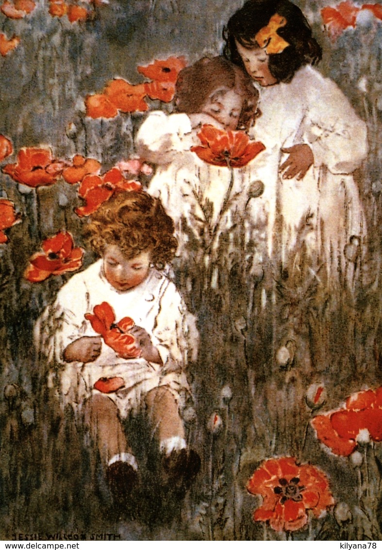 LITTLE GIRLS & BOY On Poppy Field Illustrator New Unposted Postcard - Altri & Non Classificati