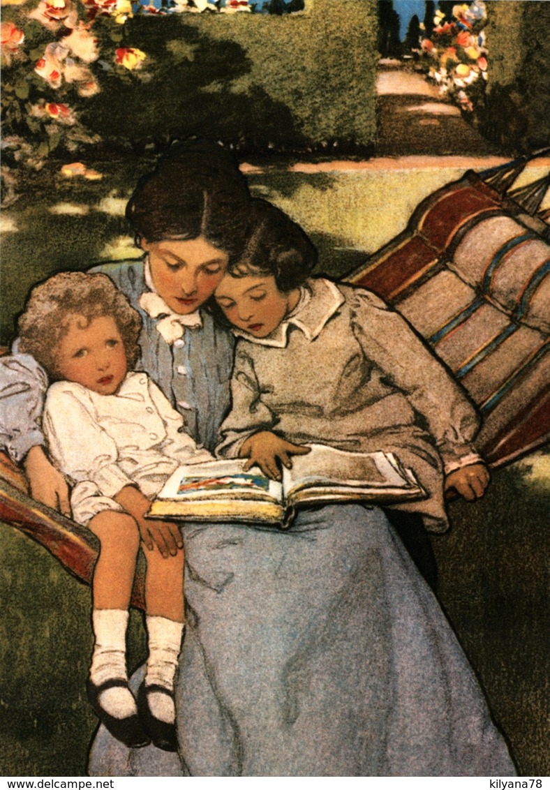 LITTLE GIRL & BOY Read BOOK With Mom In Garden New Unposted Postcard - Sonstige & Ohne Zuordnung