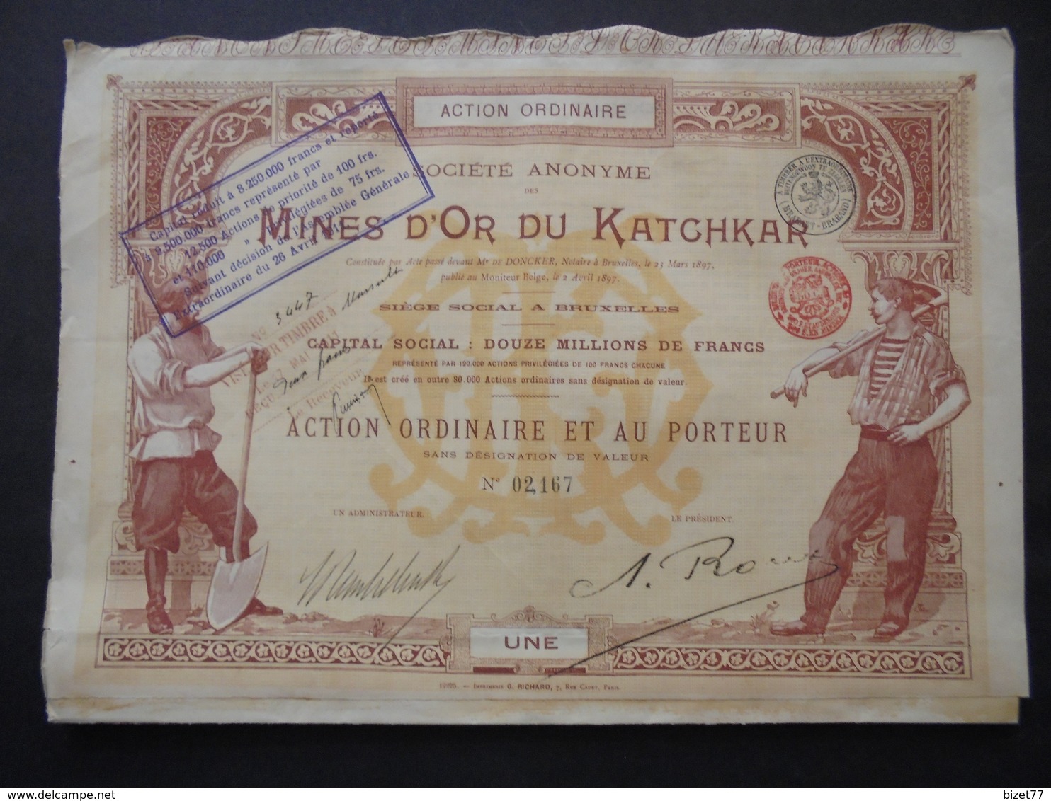 RUSSIE - MINES D'OR DU KATCHAR - ACTION ORDINAIRE  - BRUXELLES 1897 - Other & Unclassified