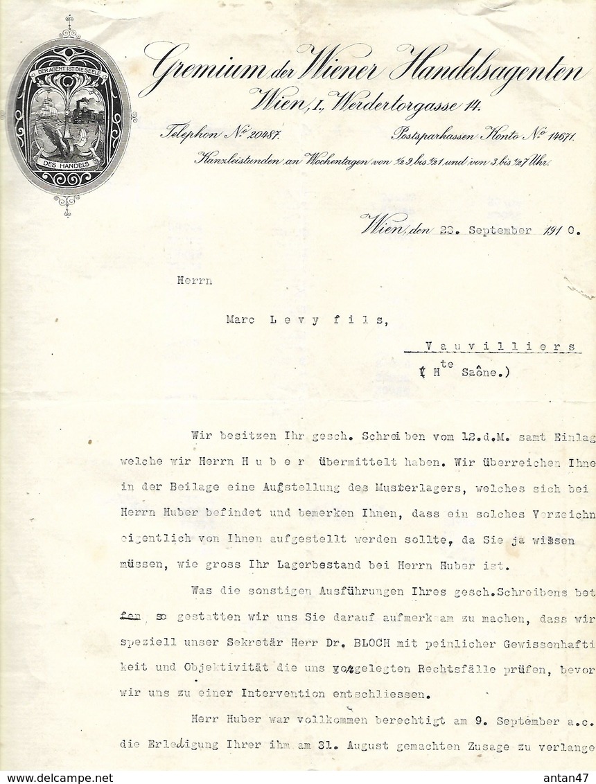 Lettre 1910 / Autriche WIEN / Agent Commercial De Vienne / Devise "L'argent Est 'âme Du Métier" ??? - Autriche