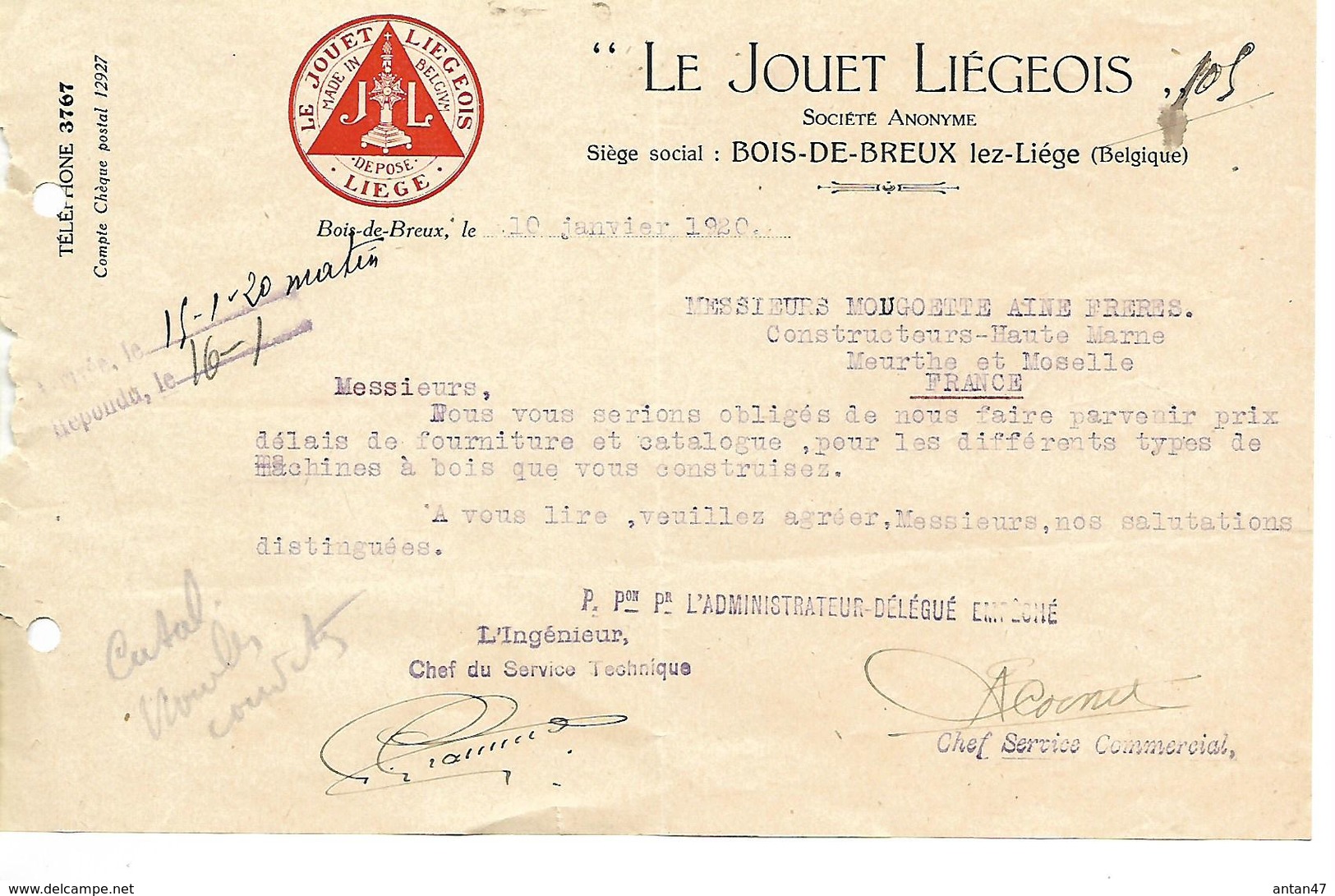 Lettre 1/2 Format 1920 / BELGIQUE / BOIS DE BREUX LES LIEGE / Le Jouet Liégeois - 1900 – 1949