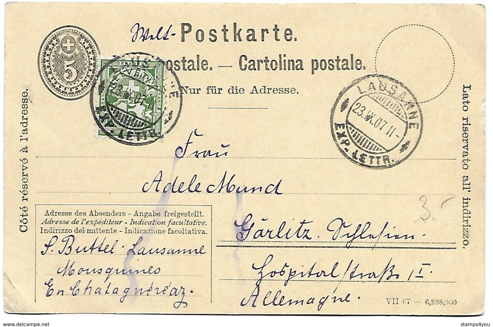 164 - 85 - Entier Postal Avec Valeur Complémentaire - Cachets à Date Lausanne 1907 - Entiers Postaux