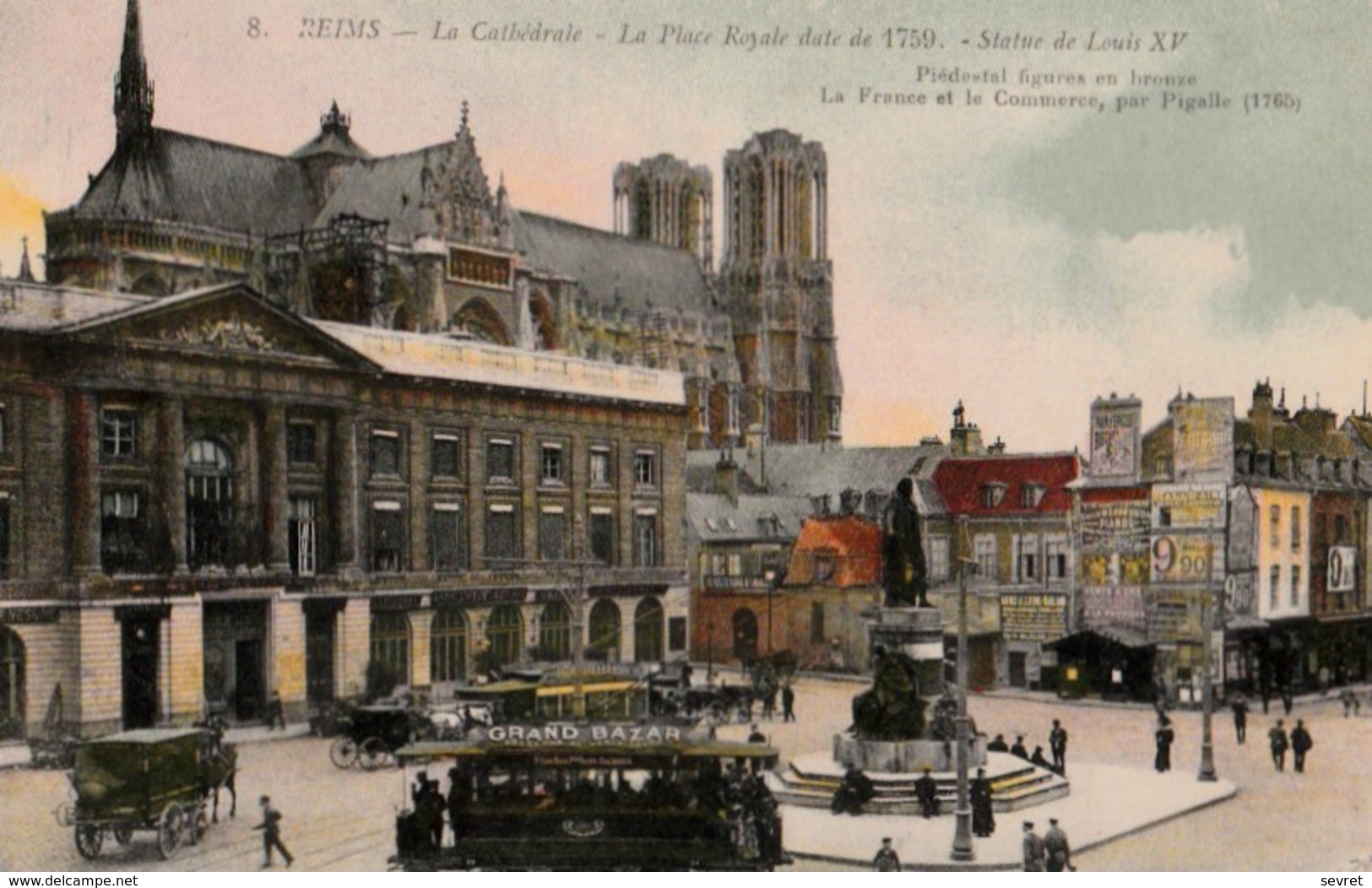 REIMS. - La Cathédrale - La Place Royale - Statue De Louis XV. Belle Carte Couleur - Reims