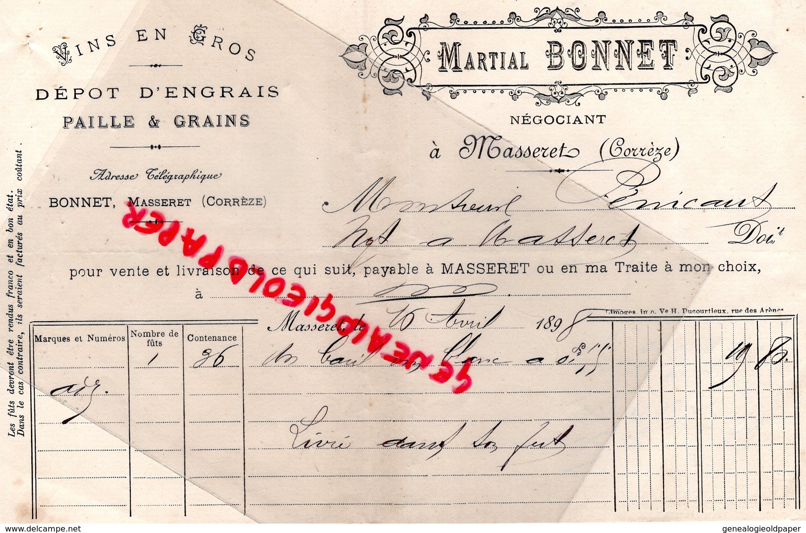19- MASSERET- RARE FACTURE MARTIAL BONNET- MARCHAND DE VINS-DEPOT ENGRAIS PAILLE GRAINS- 1898 - 1800 – 1899