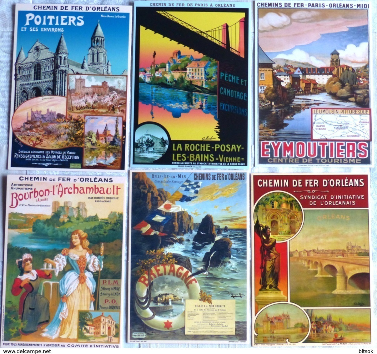 Lot De 6 CPM Publicitaires Du CHEMIN De FER D'ORLEANS : Orléans, Poitiers, Belle Ile En Mer, Eymoutiers, Bourbon .... - Autres & Non Classés