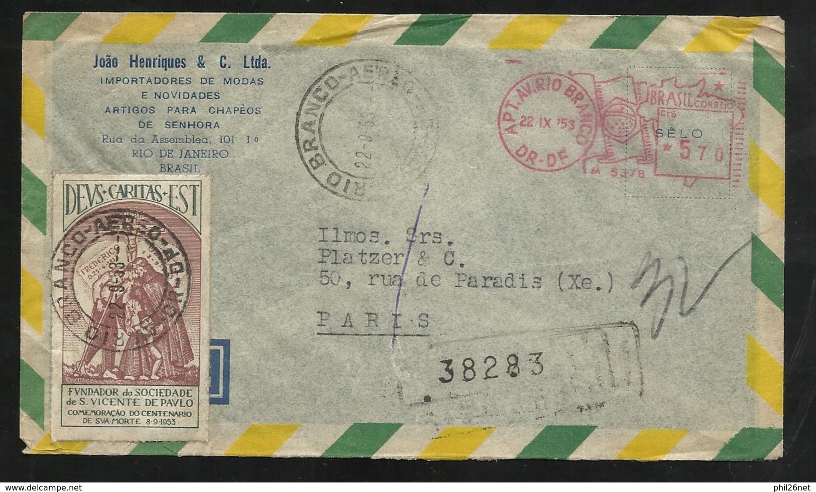 Lettre Avion Henriques Et Cie Recom. Rio  22/9/1953  EMA Illustrée 5,70 Rs+ Vignette St Vincent à Paris 26/9/1953   B/TB - Covers & Documents