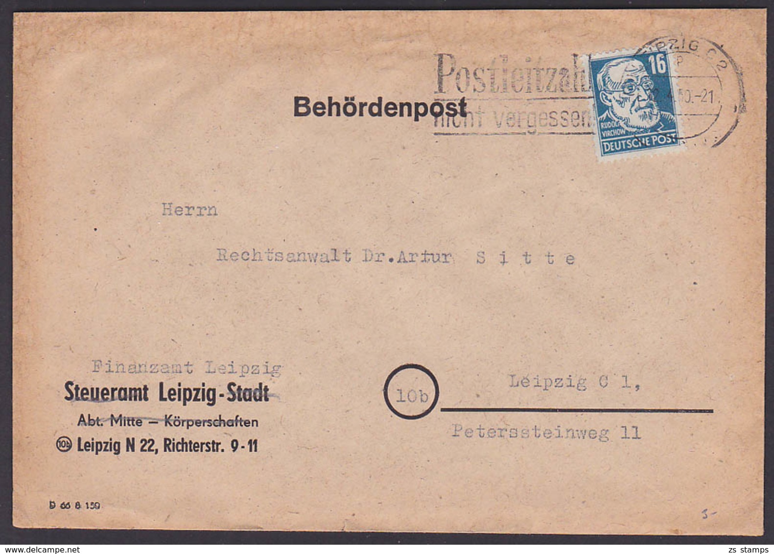 Behördenpost 1950, Leipzig Finanzamt Auf Umschlag Von Steueramt Leipzig Stadt MWSt. Postleitzahl Nicht Vergessen! - Andere & Zonder Classificatie