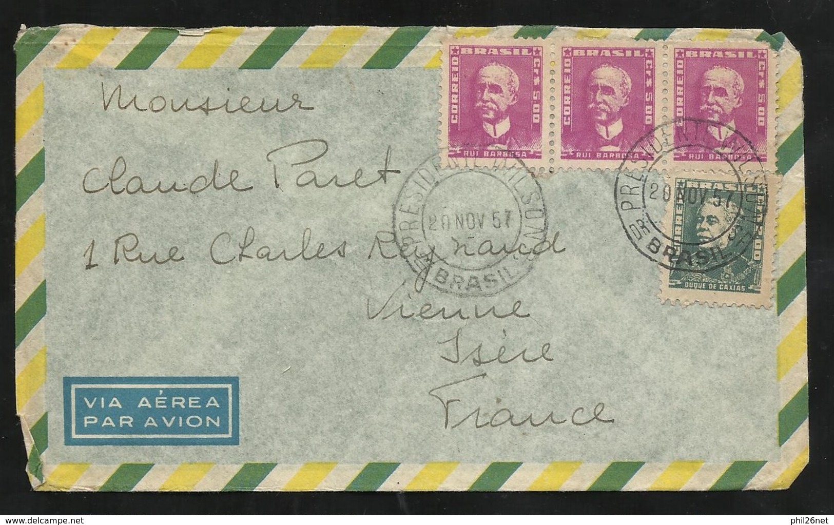 Lettre Avion Presidente Wilson Rio De Janeiro  20/11/1957 Les N° 584A Et 584B Bande De 3  à Vienne Le 21/11/1957    B/TB - Lettres & Documents