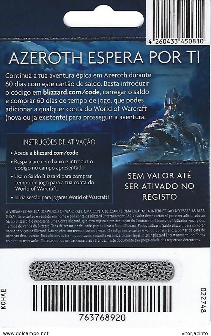 PORTUGAL - Blizzard World Of Warcraft Gift Plastic Card - Gift Cards