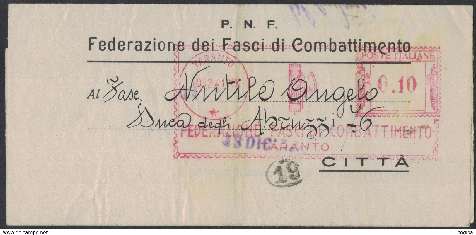 AP23   Italia,Italy Red Meter / Freistempel / Ema 1941  Federazione Fasci Combattimento Taranto - Macchine Per Obliterare (EMA)