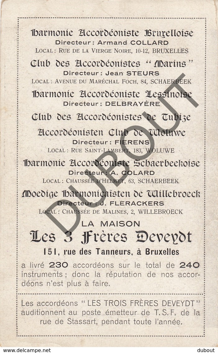 Reclamekaart Accordeon Bxl Deveydt Willebroek/Schaarbeek/Woluwe/Tubize/Lessines  (o642) - Brussel (Stad)