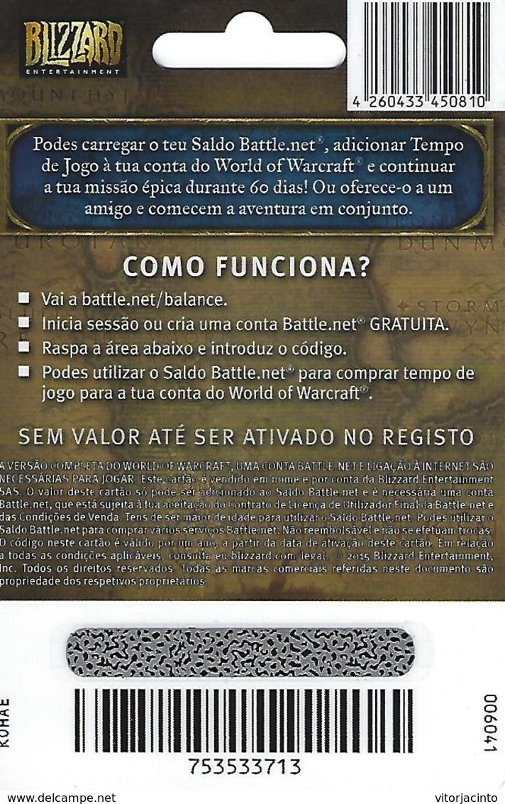 PORTUGAL - Blizzard World Of Warcraft Gift Plastic Card - Cartes Cadeaux