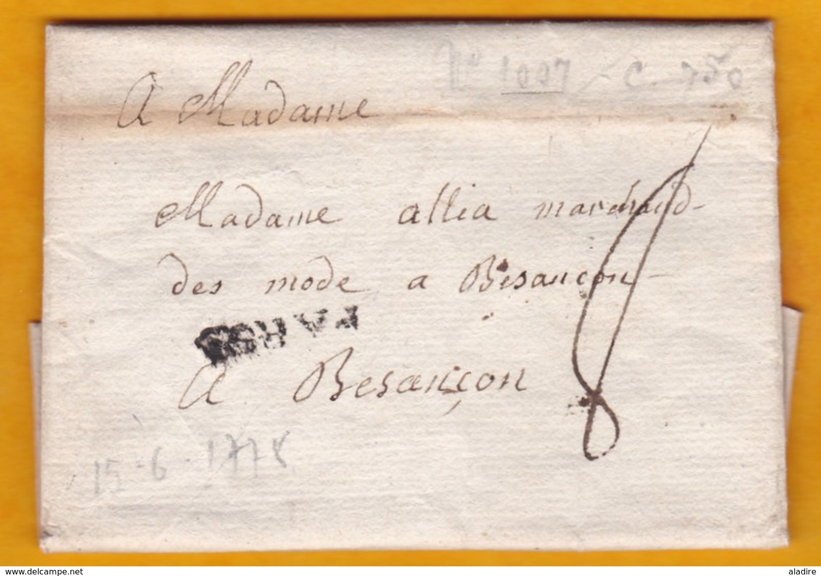 1773 - Marque Postale Linéaire De PARIS, France Vers Besançon, Doubs - Taxe 8 - Modes - Règne De Louis XV - 1701-1800: Précurseurs XVIII