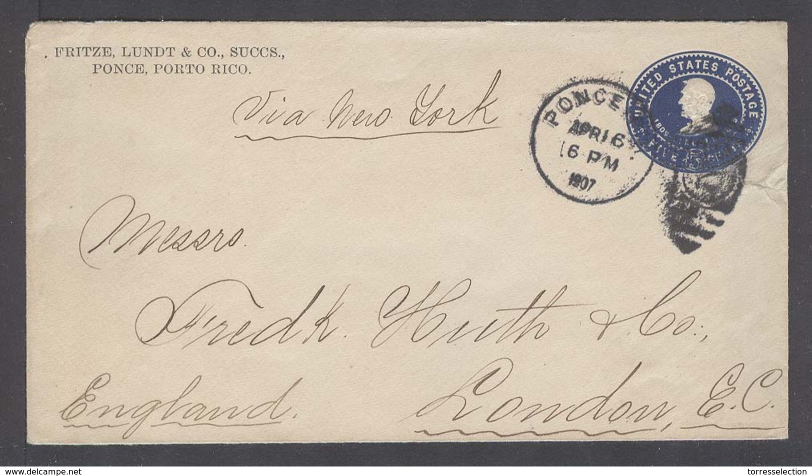 PUERTO RICO. 1907 (16 April). Ponce - Londres / UK (30 April). Entero Postal De USA 5 Centavos Azul, Impresion Privada F - Puerto Rico