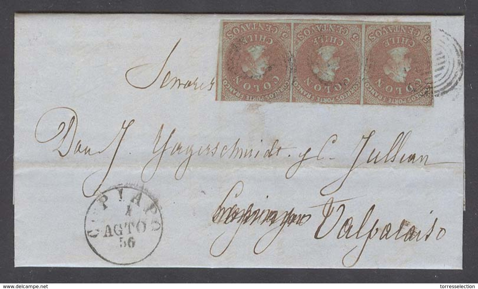 CHILE. 1856 (4 Ago). Copiapo - Santiago - Valp. Jaggerschmidt Correspondence. EL Fkd 5c Red Brown On Brownish Horiz Stri - Chile