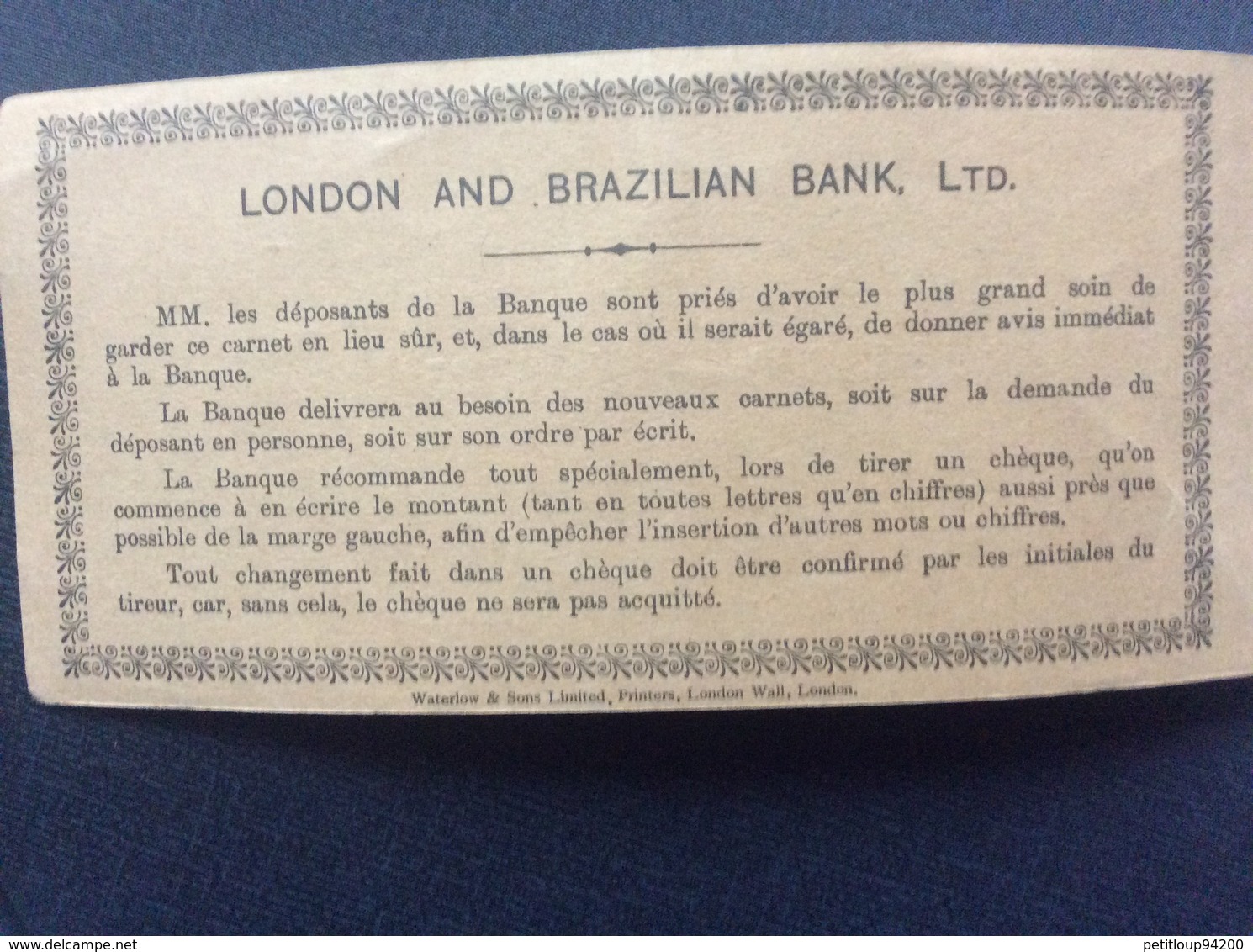 CARNET DE CHÈQUES  London Brazilian Bank  PARIS - Cheques & Traveler's Cheques