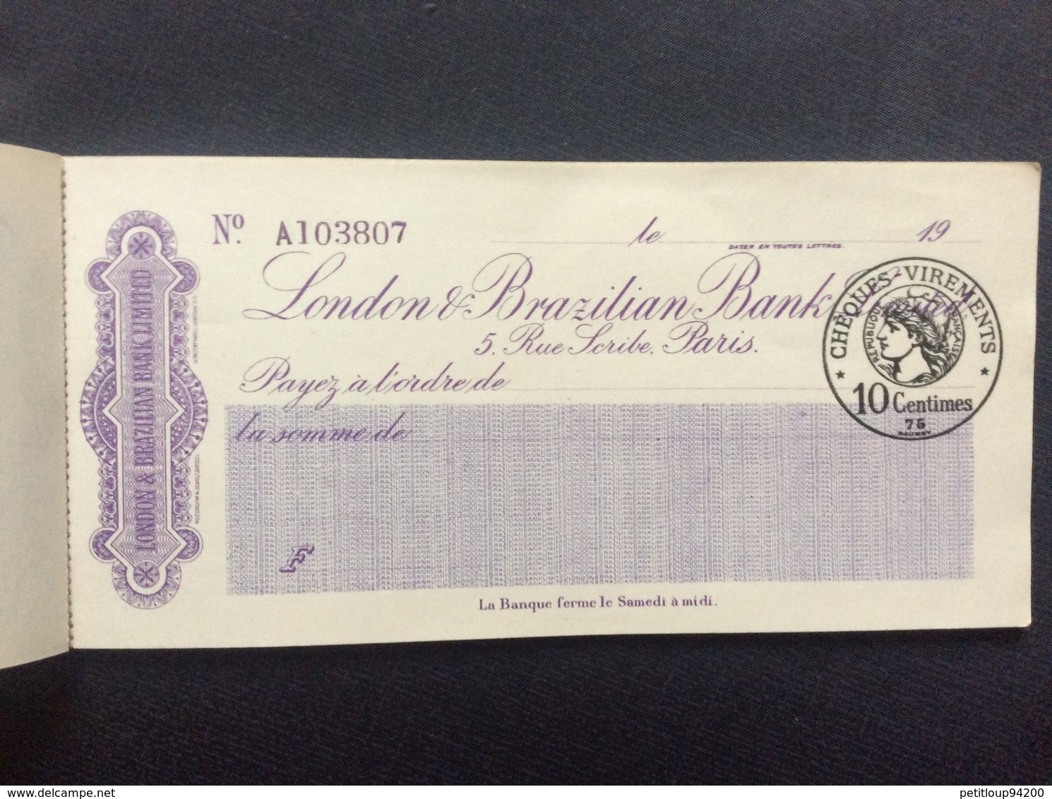CARNET DE CHÈQUES  London Brazilian Bank  PARIS - Cheques & Traveler's Cheques